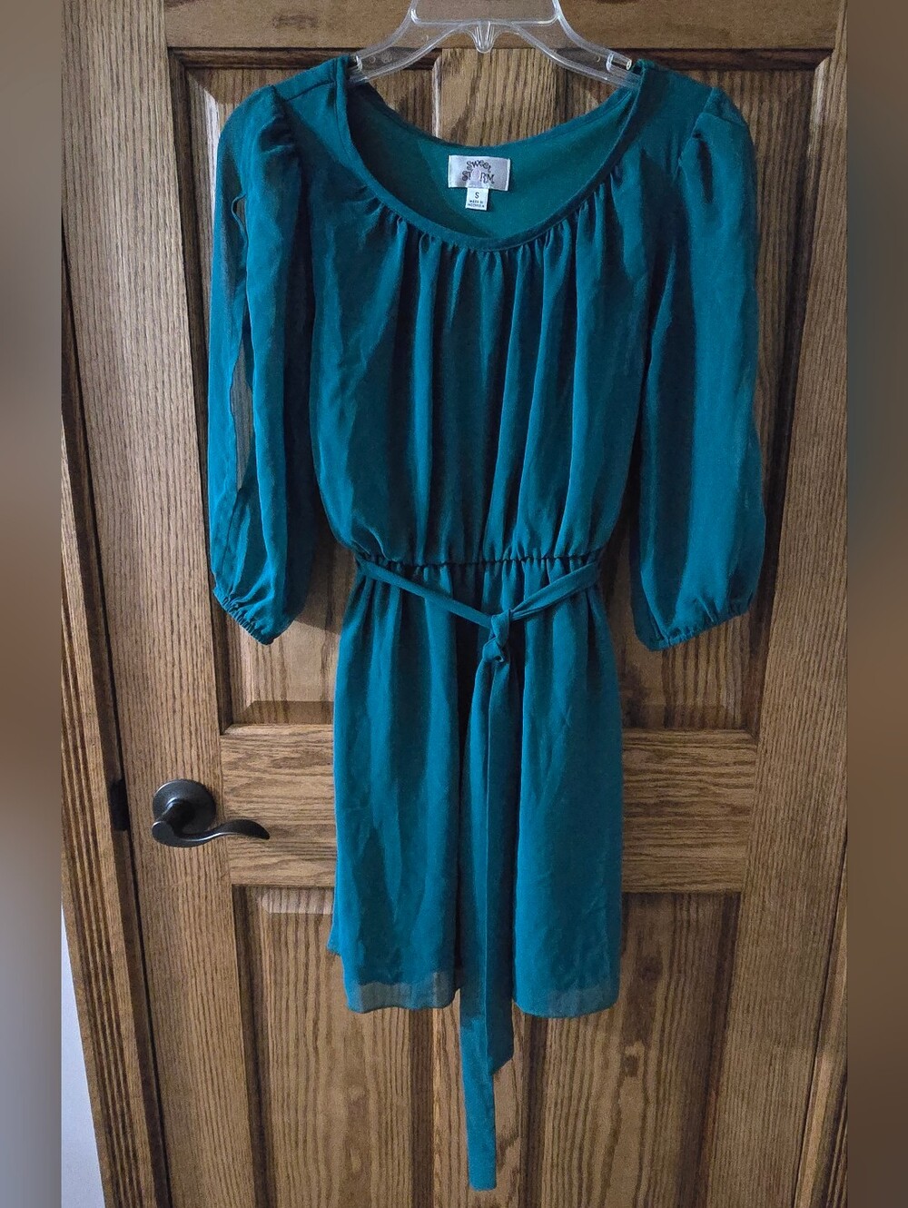 Soprano Green Belted Sheer Sleeve Dress